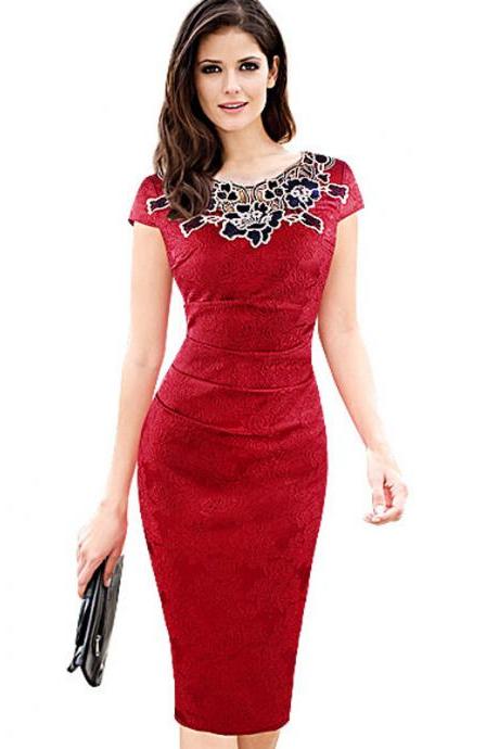 Vintage Lace Wear to Work Dress Women Short Sleeve Sheath Bodycon Office Pencil Dress red