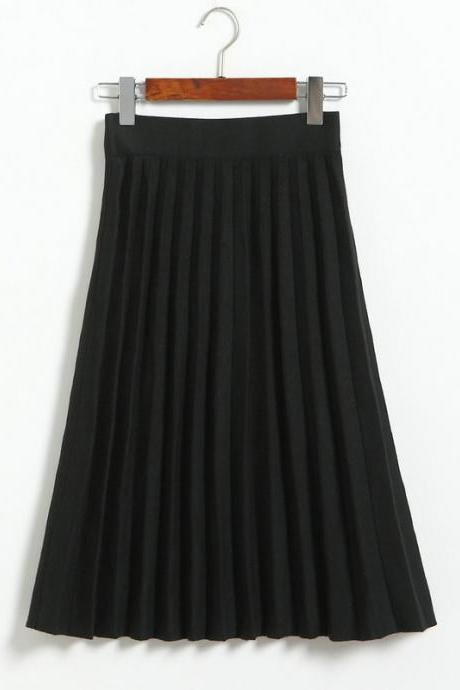 Fashion Knitted Pleated Skirt Autumn Winter High Waist Below Knee Midi A Line Office Skirt Black