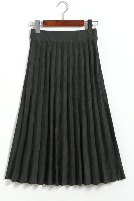 Fashion Knitted Pleated Skirt Autumn Winter High Waist Below Knee Midi A Line Office Skirt dark gray