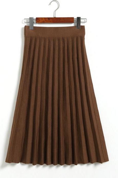 Fashion Knitted Pleated Skirt Autumn Winter High Waist Below Knee Midi A Line Office Skirt khaki