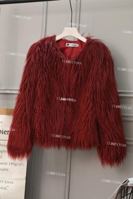 Plus Size 4XL Women Fluffy Faux Fur Coats Long Sleeve Winter Warm Jackets Female Outerwear burgundy
