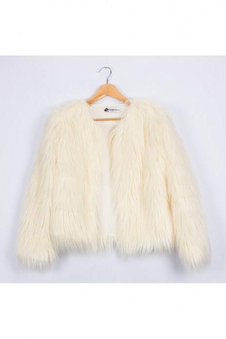 Plus Size 4XL Women Fluffy Faux Fur Coats Long Sleeve Winter Warm Jackets Female Outerwear ivory 