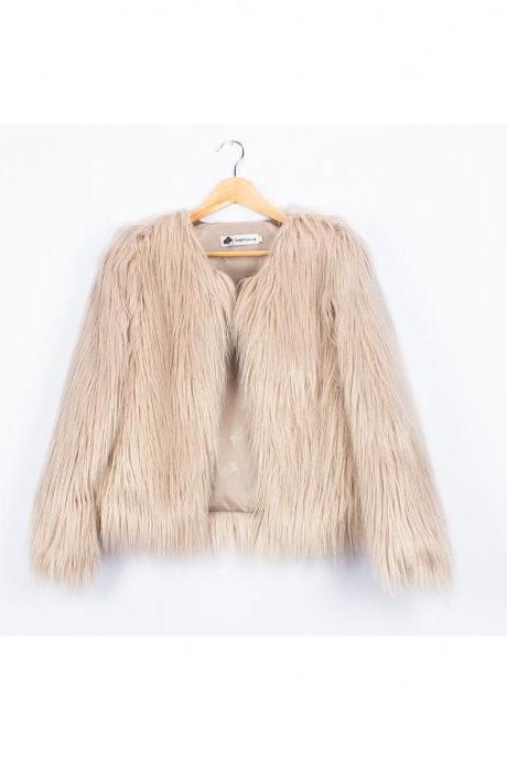 Plus Size 4XL Women Fluffy Faux Fur Coats Long Sleeve Winter Warm Jackets Female Outerwear light khaki