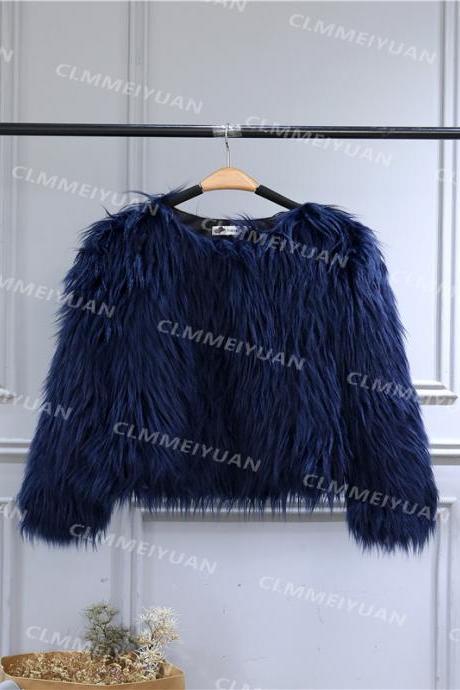 Plus Size 4XL Women Fluffy Faux Fur Coats Long Sleeve Winter Warm Jackets Female Outerwear navy blue
