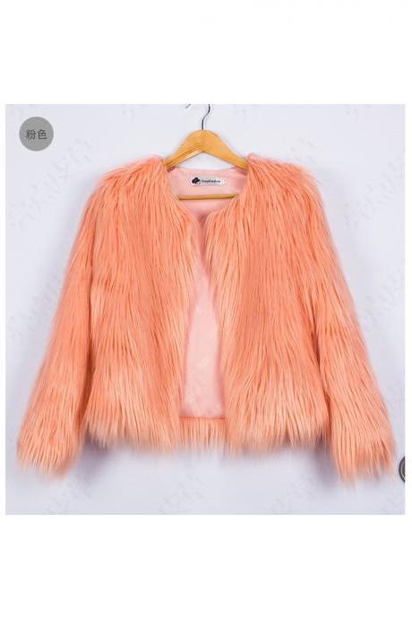 Plus Size 4XL Women Fluffy Faux Fur Coats Long Sleeve Winter Warm Jackets Female Outerwear salmon