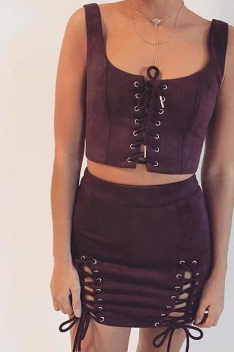 Women Faux Suede Mini Skirt Classic Sexy Bandage High Waist Lace Up Bodycon Short Pencil Skirt burgundy