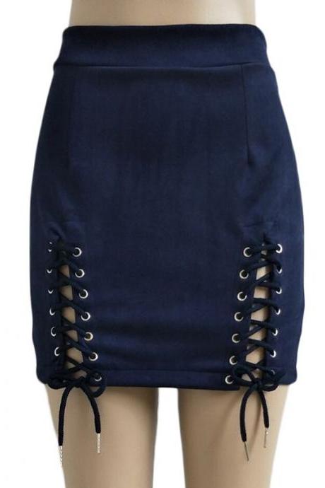 Women Faux Suede Mini Skirt Classic Sexy Bandage High Waist Lace Up Bodycon Short Pencil Skirt navy blue