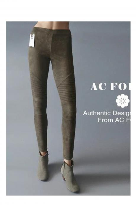 Fashion Women Leggings Faux Suede Elastic Waist Leggings Warm Trousers Slim Fitness Pencil Pants army green