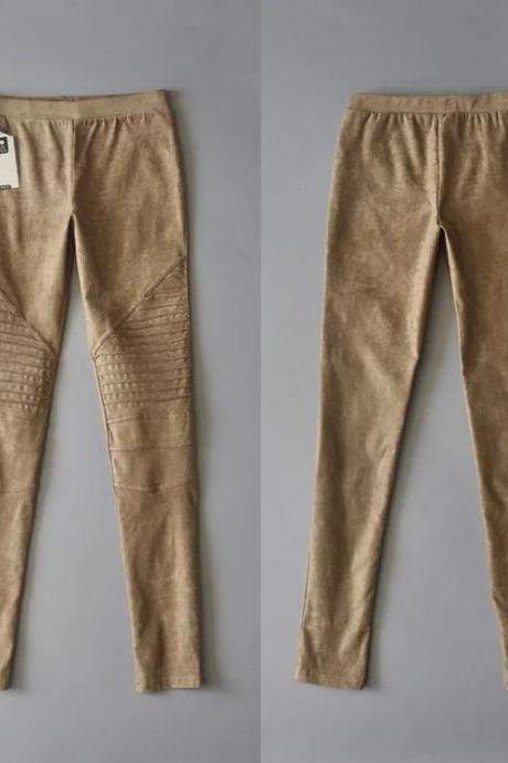 Fashion Women Leggings Faux Suede Elastic Waist Leggings Warm Trousers Slim Fitness Pencil Pants khaki