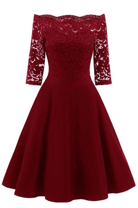 Vintage Floral Lace Dress Off The Shoulder 3/4 Sleeve Women A Line Cocktail Evening Party Swing Dress Burgundy