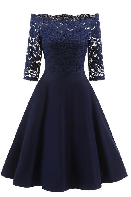 Vintage Floral Lace Dress Off The Shoulder 3/4 Sleeve Women A Line Cocktail Evening Party Swing Dress Navy Blue