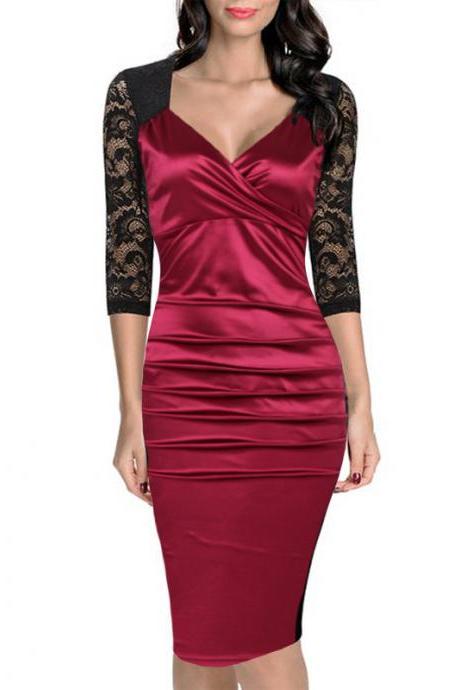 Women Bodycon Dress Sexy Lace Patchwork 3/4 Sleeve Wear to Work Sheath Office Party Pencil Dress dark red
