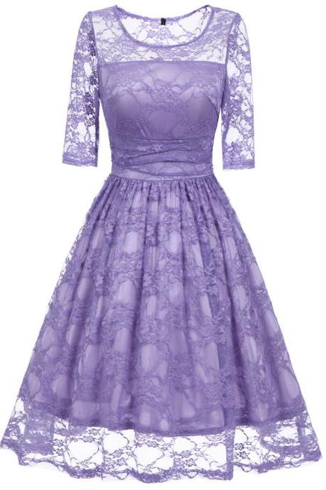 Vintage Floral Lace Dress Elegant Half Sleeve A Line Cocktail Evening Party Swing Dress Lilac
