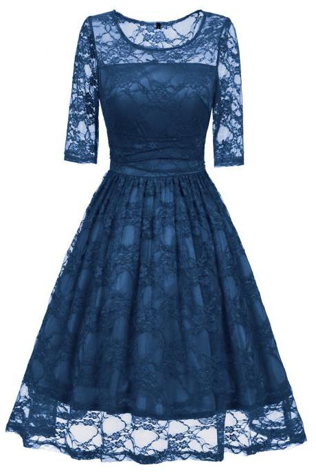 Vintage Floral Lace Dress Elegant Half Sleeve A Line Cocktail Evening Party Swing Dress Turquoise