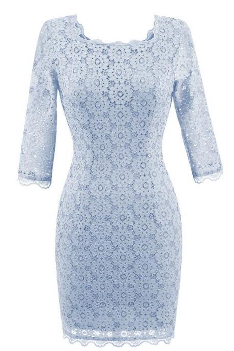  Vintage Lace Bodycon Pencil Dress Sexy Backless Square Collar 3/4 Sleeve Women Sheath Cocktail Party Dress baby blue