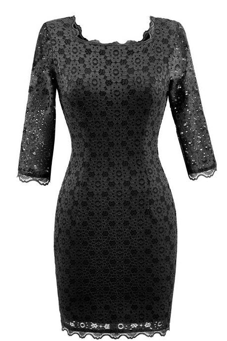 Vintage Lace Bodycon Pencil Dress Sexy Backless Square Collar 3/4 Sleeve Women Sheath Cocktail Party Dress black