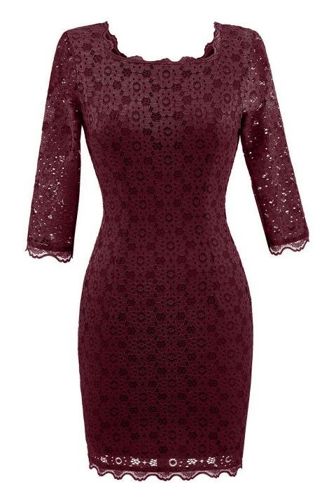  Vintage Lace Bodycon Pencil Dress Sexy Backless Square Collar 3/4 Sleeve Women Sheath Cocktail Party Dress burgundy