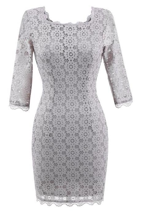 Vintage Lace Bodycon Pencil Dress Sexy Backless Square Collar 3/4 Sleeve Women Sheath Cocktail Party Dress gray