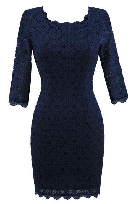 Vintage Lace Bodycon Pencil Dress Sexy Backless Square Collar 3/4 Sleeve Women Sheath Cocktail Party Dress Navy Blue