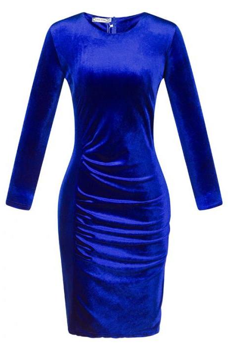 Spring Autumn Pencil Dress Elegant Lady Women Pleuche Long Sleeve O Neck Bodycon Sheath Dress royal blue