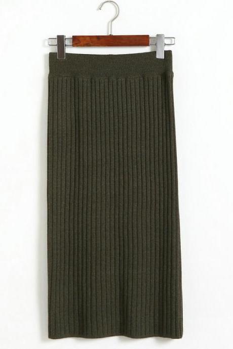 Army Green Knit High Rise Midi Pencil Skirt 