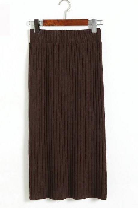Coffee Brown Knit High Rise Midi Pencil Skirt