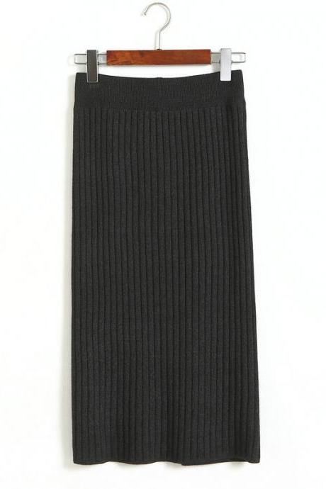 Dark Grey Knit High Rise Midi Pencil Skirt 