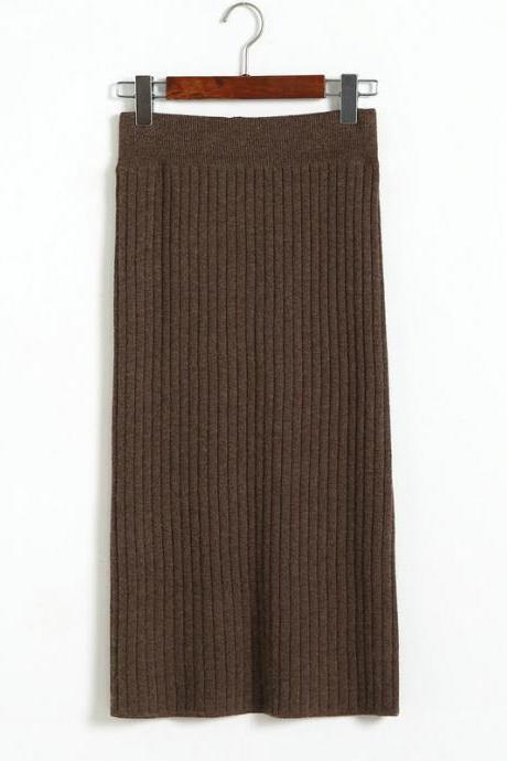 Khaki Grey Ribbed Knit High Rise Midi Pencil Skirt