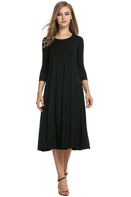 Black O-Neck Midi Swing Dress with Long Sleeves