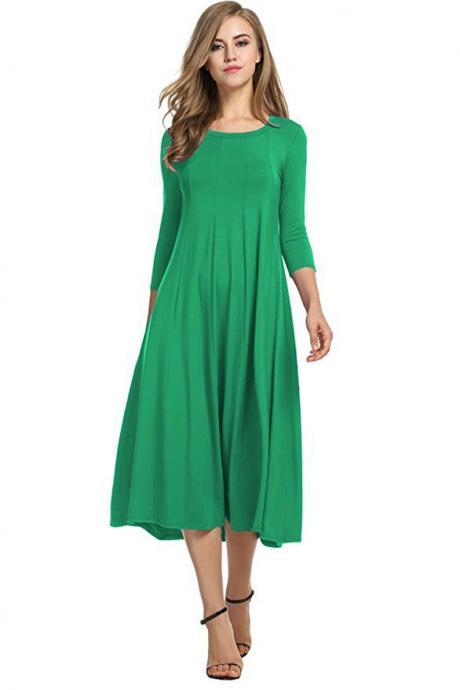 Women Casual Dress Spring Autumn Solid O Neck Long Sleeve Below Knee Loose A Line Swing Dress green