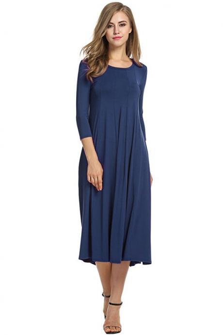 Women Casual Dress Spring Autumn Solid O Neck Long Sleeve Below Knee Loose A Line Swing Dress navy blue