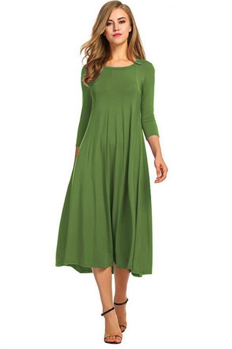 Women Casual Dress Spring Autumn Solid O Neck Long Sleeve Below Knee Loose A Line Swing Dress Olive