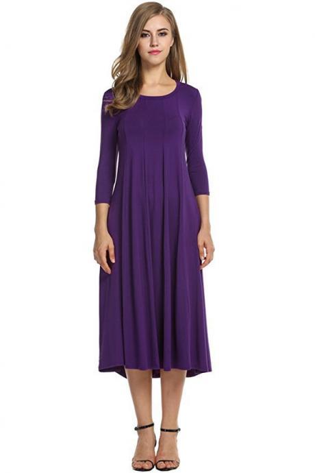 Purple O-neck Midi Swing Dress With Long Sleeves