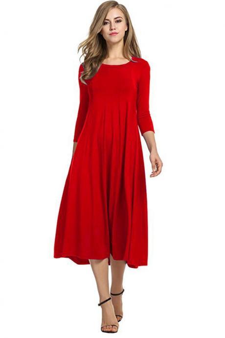 Women Casual Dress Spring Autumn Solid O Neck Long Sleeve Below Knee Loose A Line Swing Dress Red