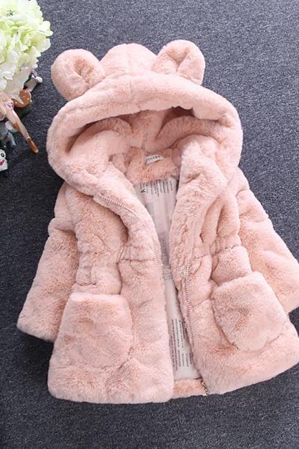 Cold Winter Baby Girls Clothes Faux Fur infant Coat Rabbit Ears Warm kids Jacket Snowsuit Outerwear pink