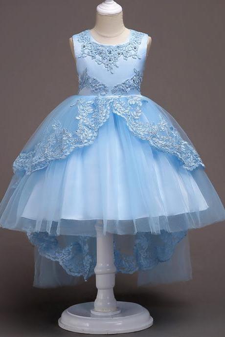 High Low Lace Flower Girls Dress Wedding Teens Prom Party Perform Gowns Kids Children Clothes light blue