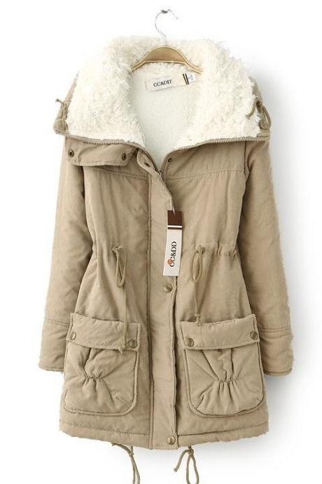  Winter Women Thick Long Fleece Coat Warm Turn Down Collar Fashion Parka Jackets Female Outerwear khaki