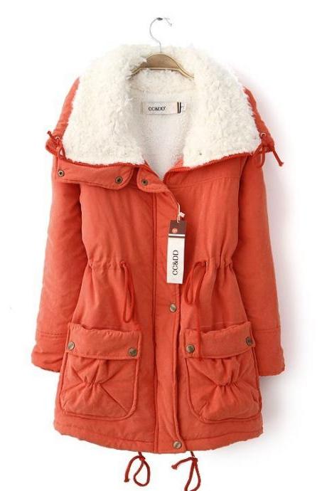 Winter Women Thick Long Fleece Coat Warm Turn Down Collar Fashion Parka Jackets Female Outerwear orange