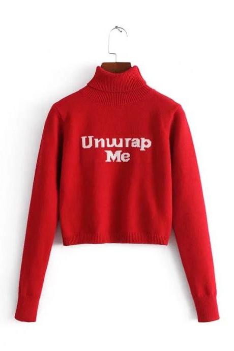 ‘UNWRAP ME’ Red Turtleneck Long Cuffed Sleeves Sweater