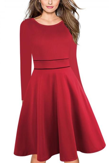 Women Casual Dress Spring Autumn Long Sleeve Office Swing Short Cocktail Party Dress red