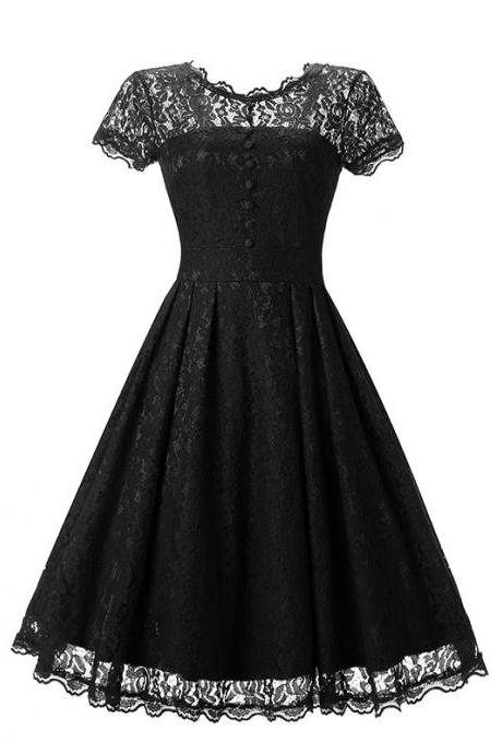 Vintage Floral Lace Pleated Dress Women Short Sleeve Buttons A Line Cocktail Party Swing Dress Black