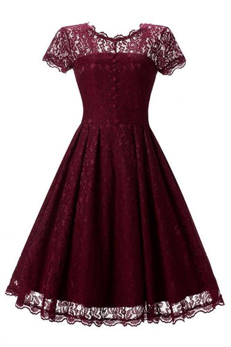 Vintage Floral Lace Pleated Dress Women Short Sleeve Buttons A Line Cocktail Party Swing Dress Burgundy