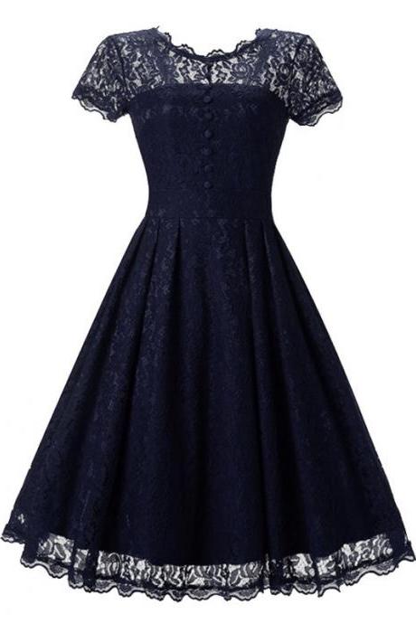 Vintage Floral Lace Pleated Dress Women Short Sleeve Buttons A Line Cocktail Party Swing Dress Navy Blue
