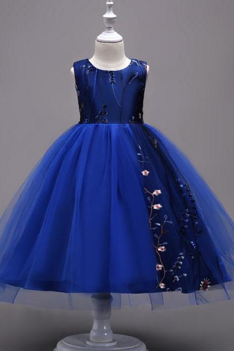 Embroidery Flower Girl Dress Sleeveless Princess Formal Prom First Communion Party Gown Kids Children Clothes Royal Blue