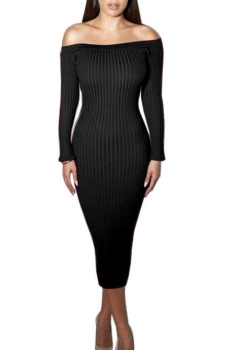 Black Ribbed Knit Off-The-Shoulder Long Sleeves Midi Sweater Dress 