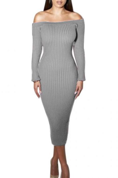 Grey Ribbed Knit Off-The-Shoulder Long Sleeves Midi Sweater Dress