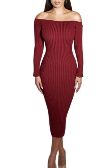 Red Ribbed Knit Off-The-Shoulder Long Sleeves Midi Sweater Dress 