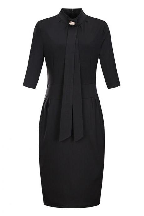 Women Plus Size Office Dress Stand Collar Half Sleeve Wear to Work Sheath Pencil Dress black