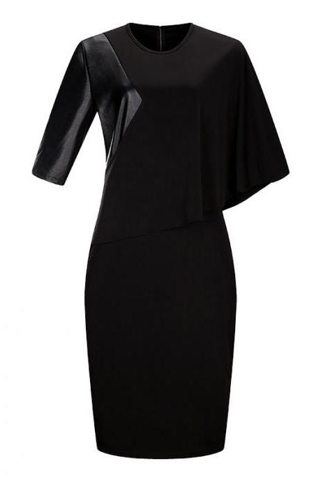 Women Bodycon Pencil Dress Cloak Sleeve Patchwork Faux Leather Plus Size Party Dress black