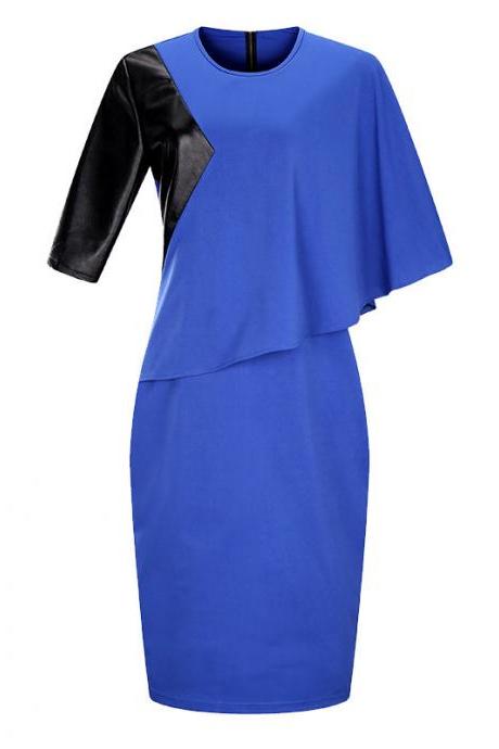  Women Bodycon Pencil Dress Cloak Sleeve Patchwork Faux Leather Plus Size Party Dress blue